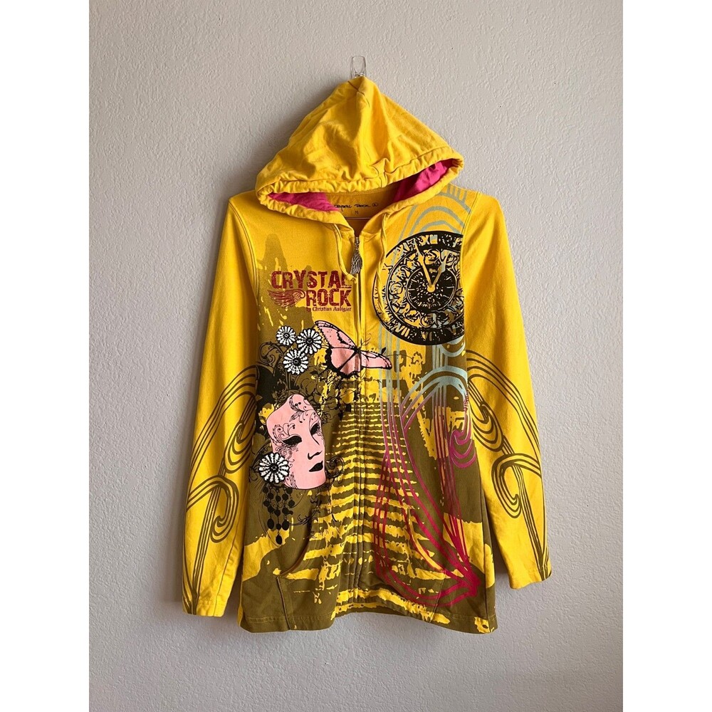 Crystal Rock by Christian Audigier Y2K Full-Zip Hoodie in Yellow Size MEDIUM